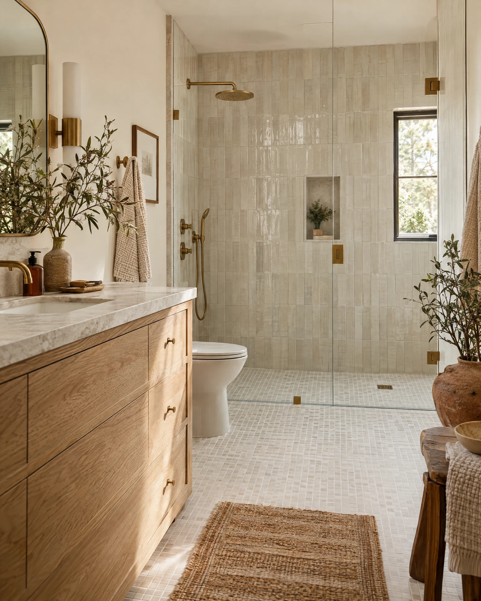 Example warm bathroom with precise ceramic shower tiles, oak vanity and brass fixtures