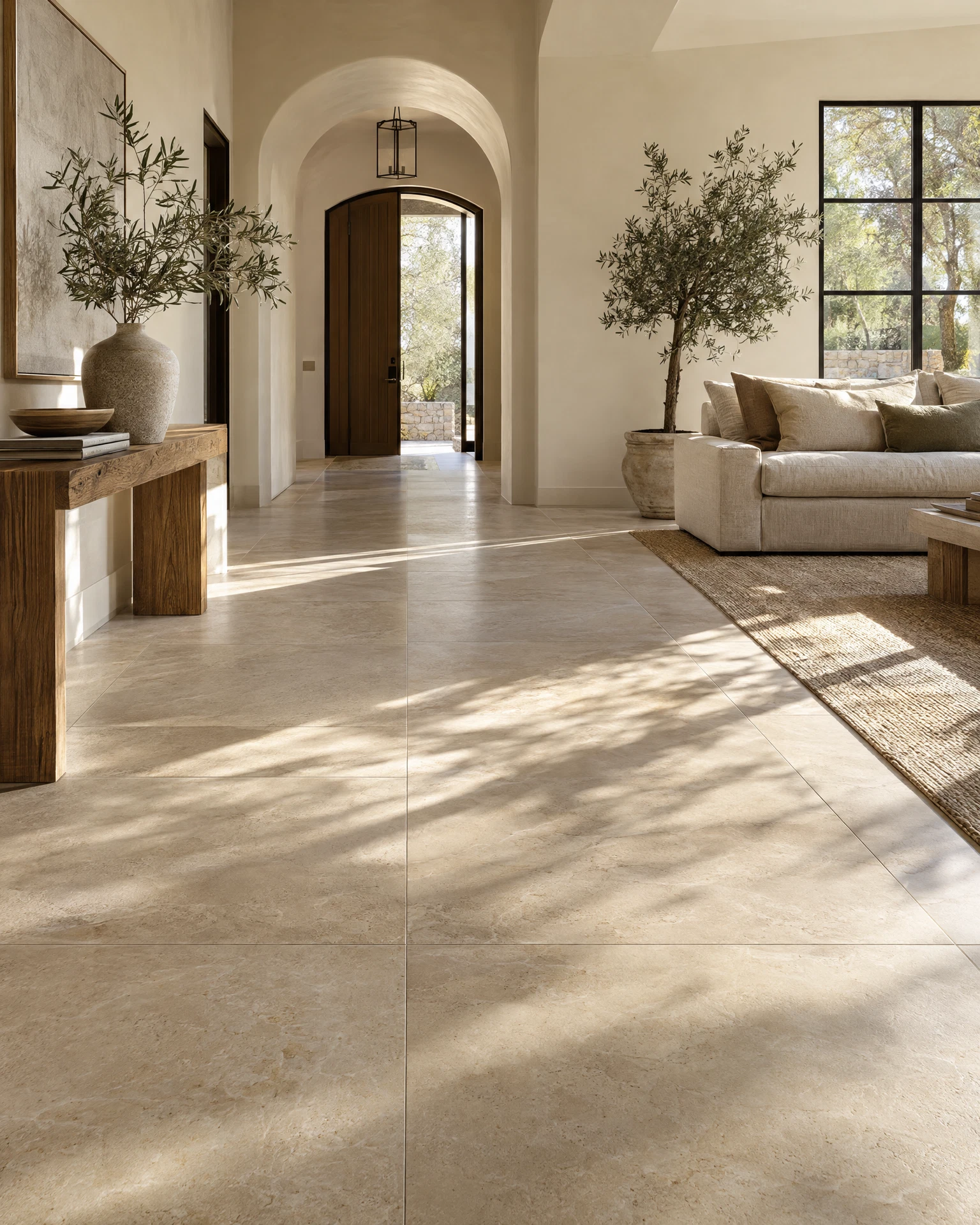 Example living room with large-format limestone-look porcelain tile flooring
