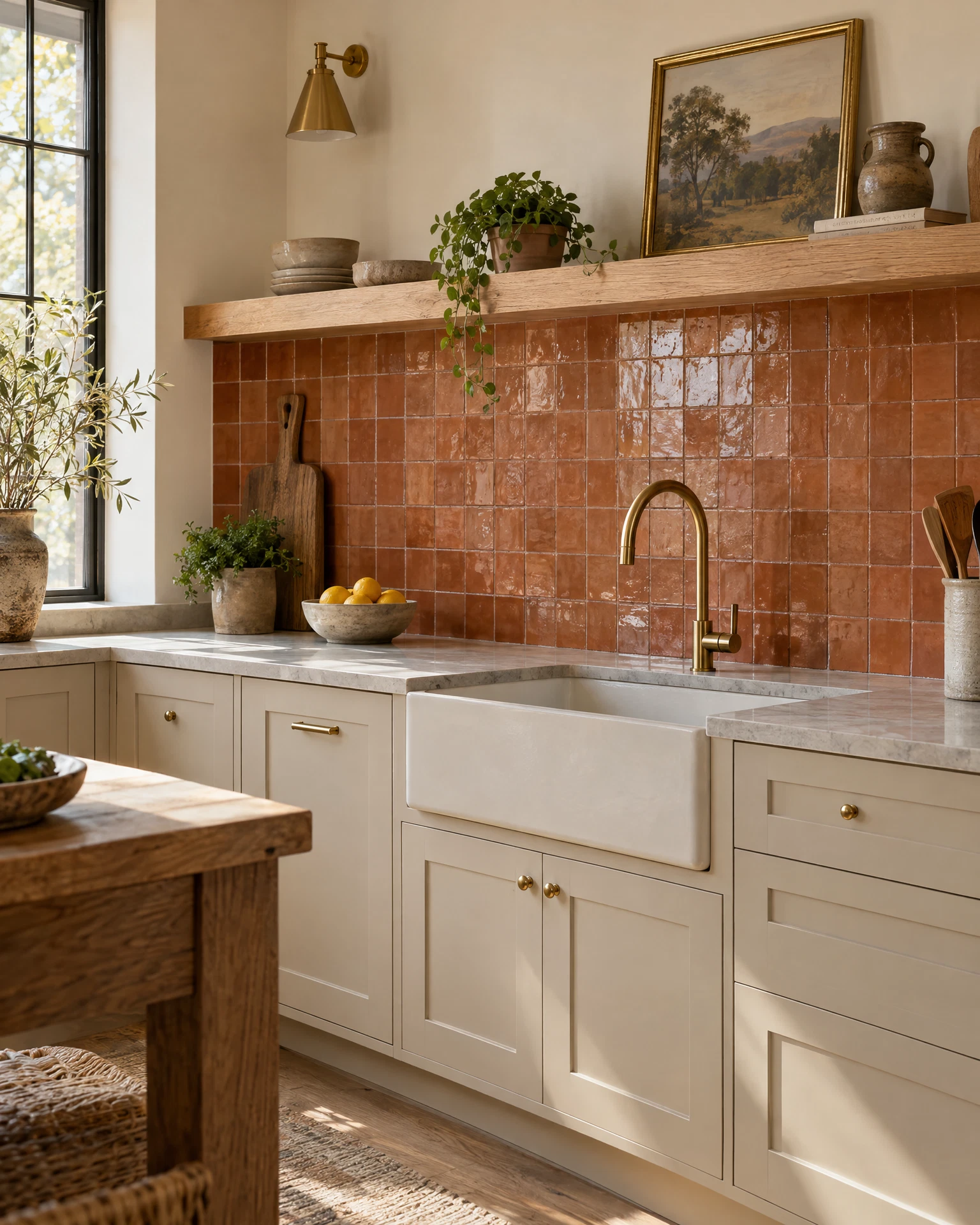 Example kitchen with a handmade terracotta tile backsplash and bright cabinetry